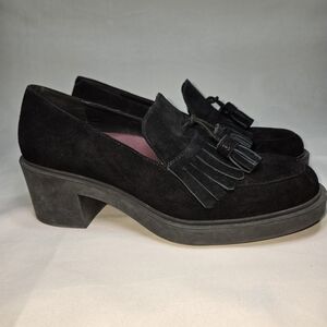Aerosoles Gibes Black Suede Block Heeled Loafer Size 9 Fringe Tassels Y2K 90s